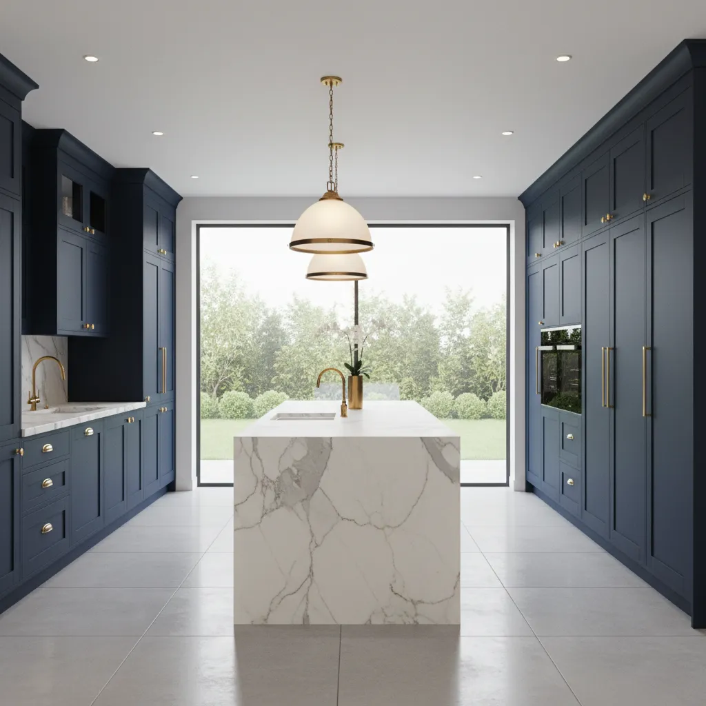 dark cabinet luxury kitchen with marble island and brass accents