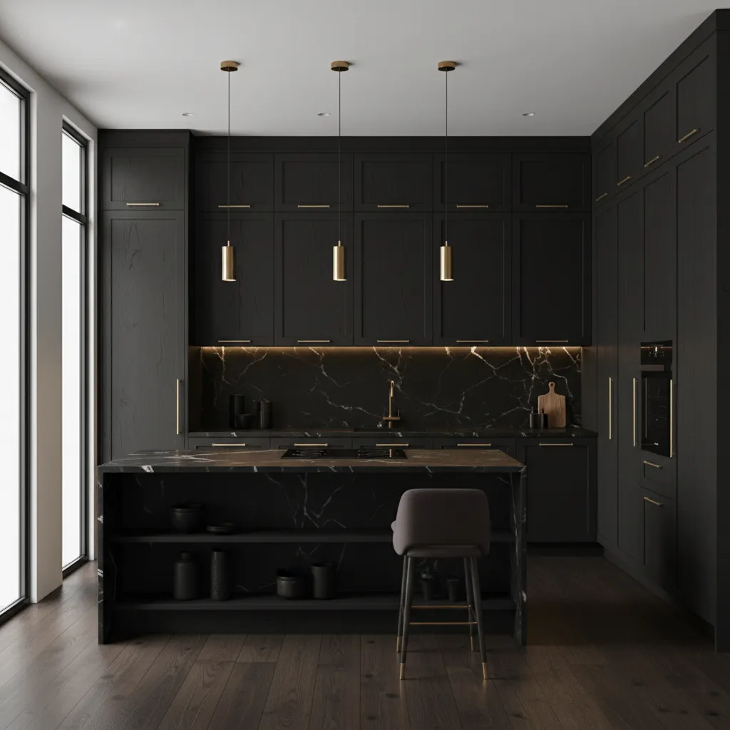 Dark luxury kitchen with marble backsplash and brass fixtures