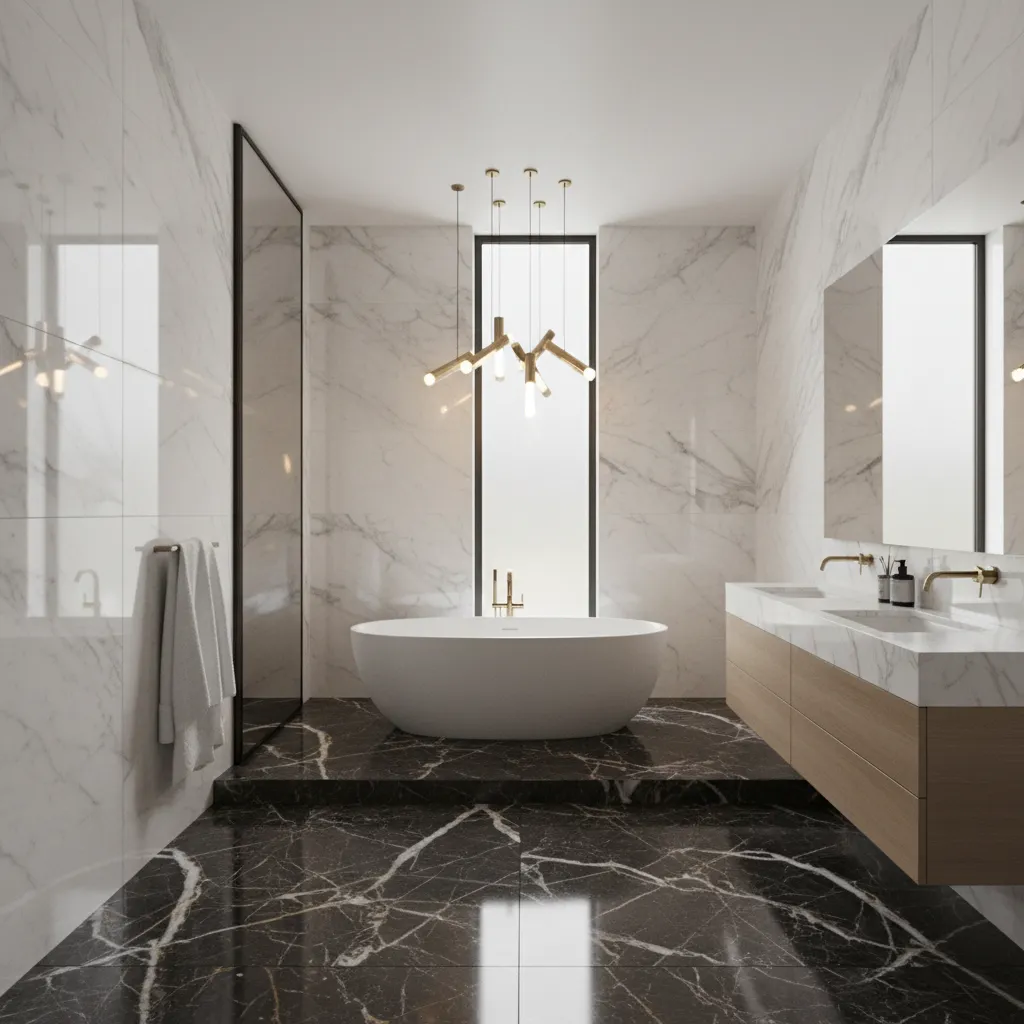 Luxury bathroom with dark marble floor and white marble walls
