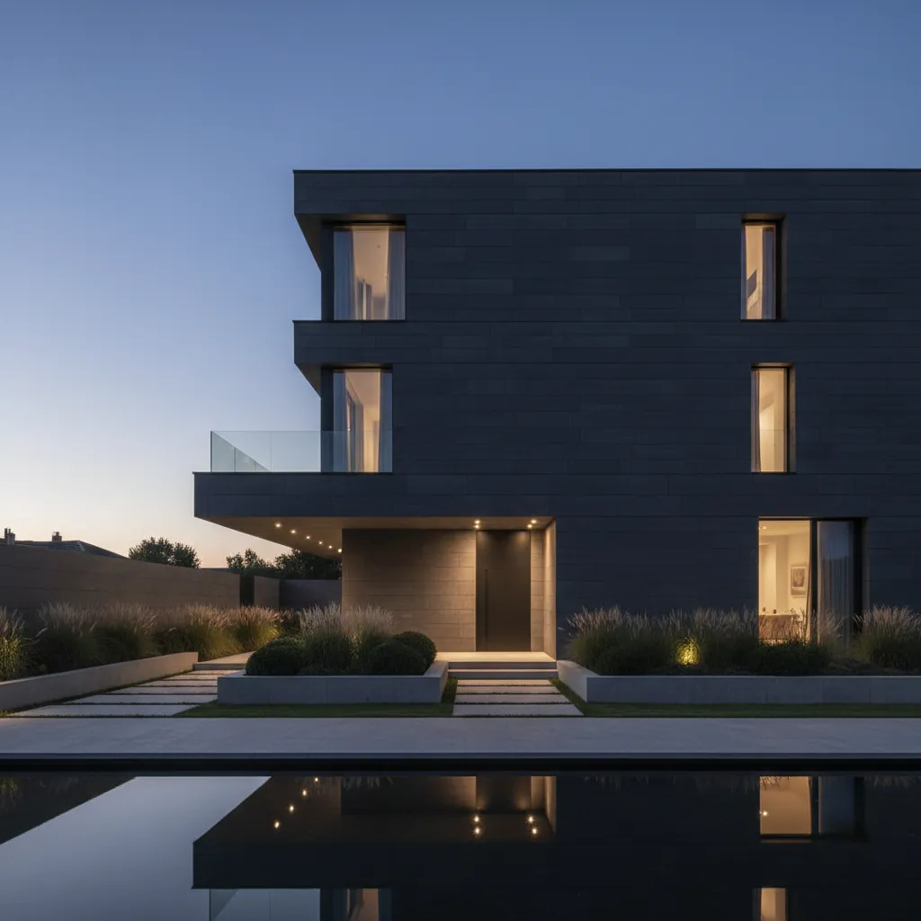 Casa minimalista moderna con fachada gris oscuro y líneas simples