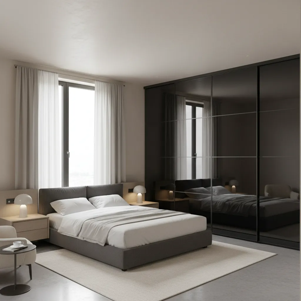 Modern bedroom with dark mirrored wardrobe doors reflecting window light