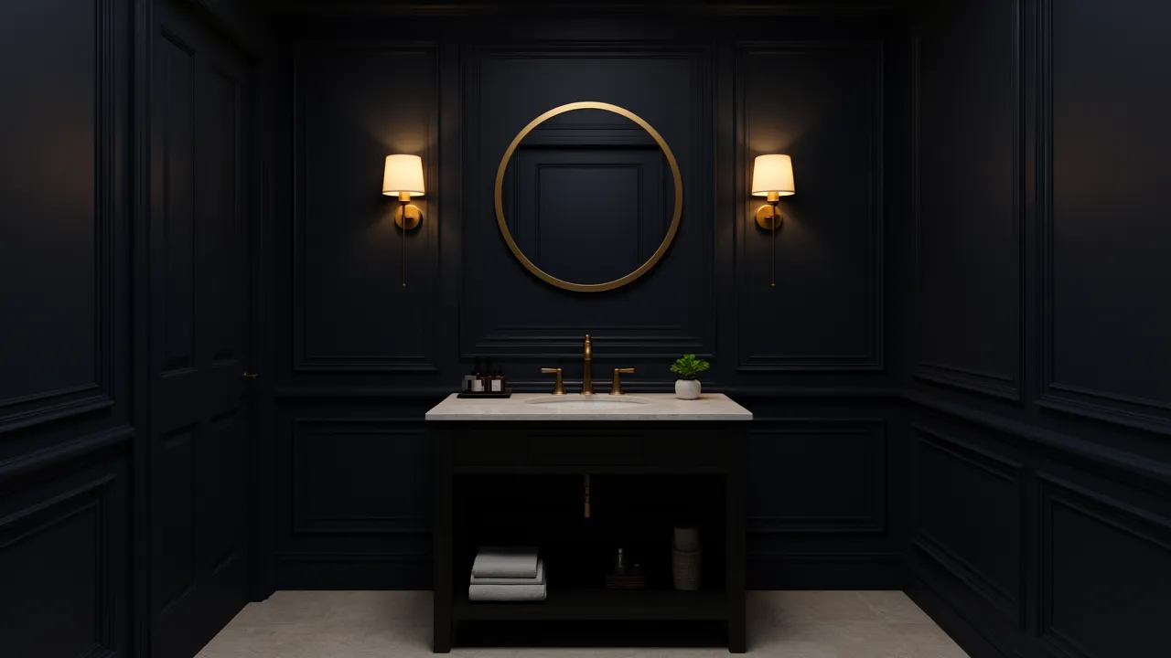 Moody small powder room with dark paint and gold accents