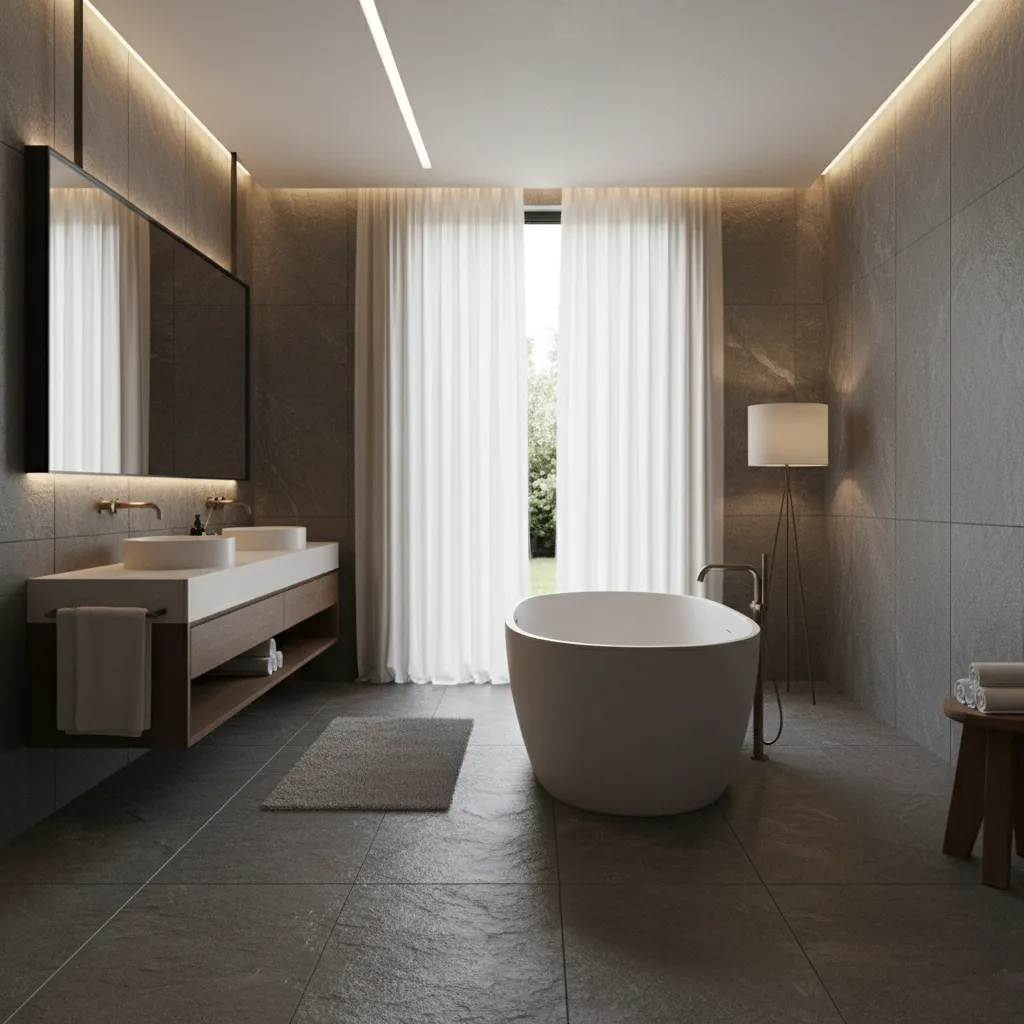 Luxury bathroom featuring dark slate natural stone floor tiles