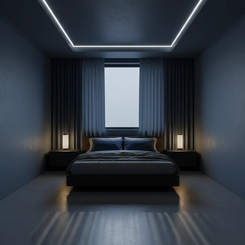 Dark navy bedroom with insufficient lighting showing heavy shadows