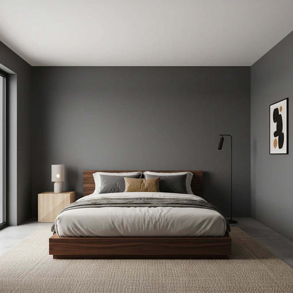 modern men's bedroom with charcoal gray walls and white ceiling