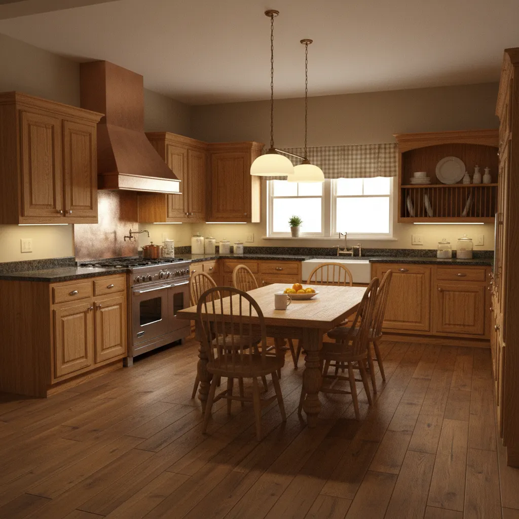 Country kitchen with heavy oak cabinets and warm lighting that makes the room appear dark