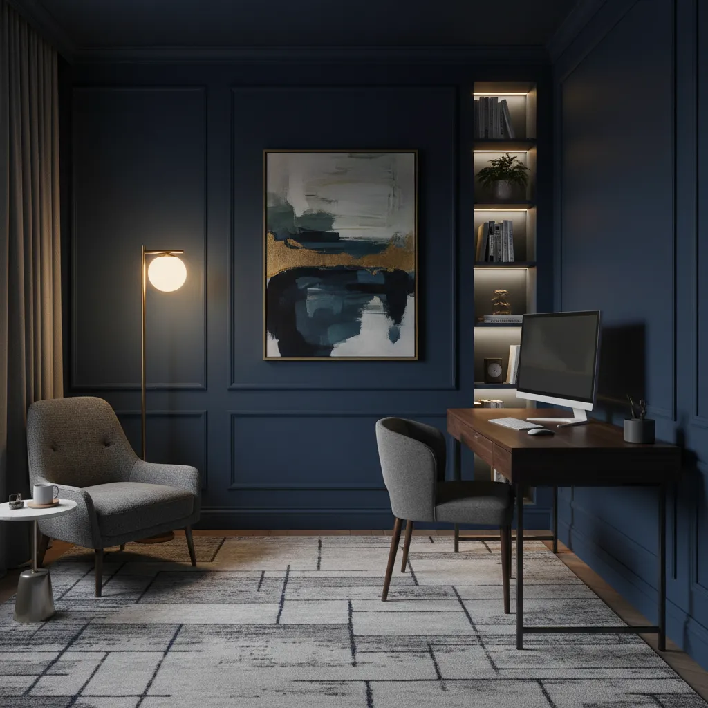 Small office with dark walls creating depth and atmosphere
