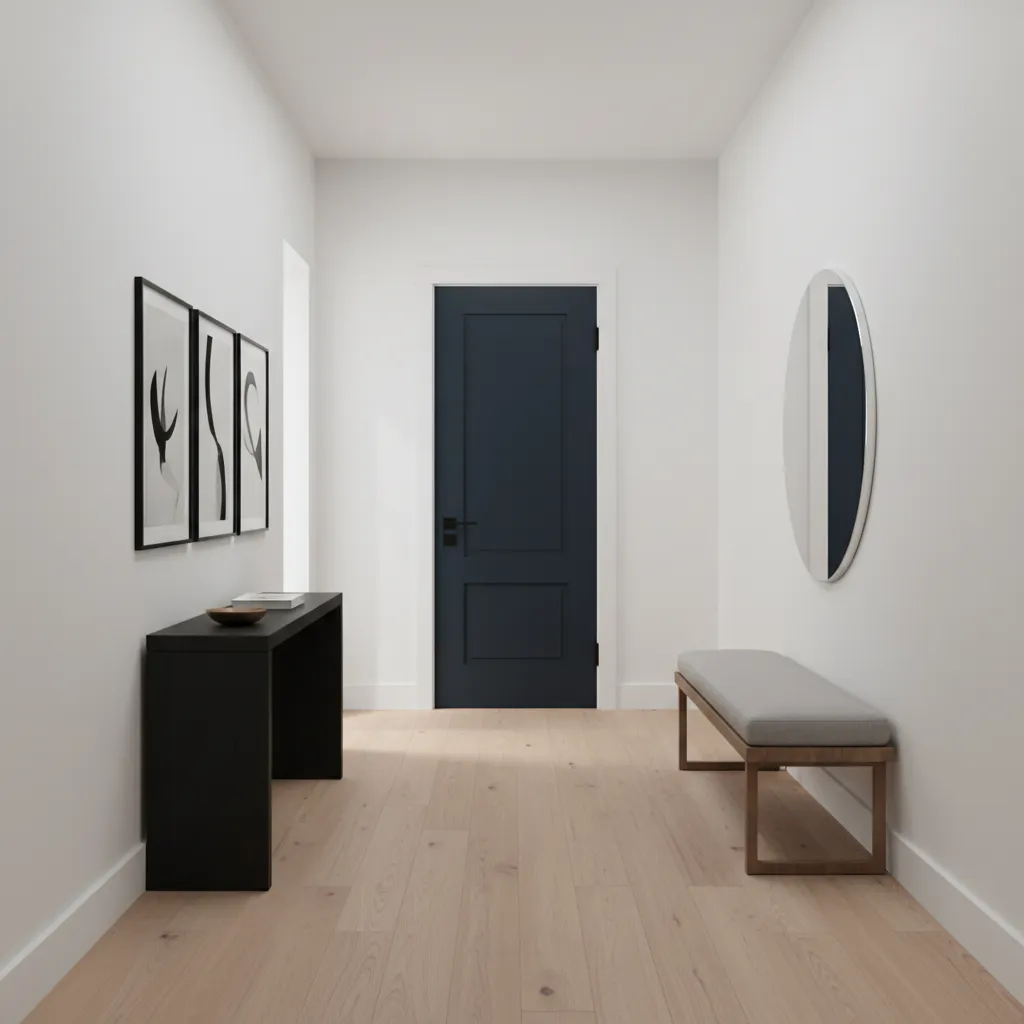 Dark navy interior door contrasting with light walls in a modern hallway