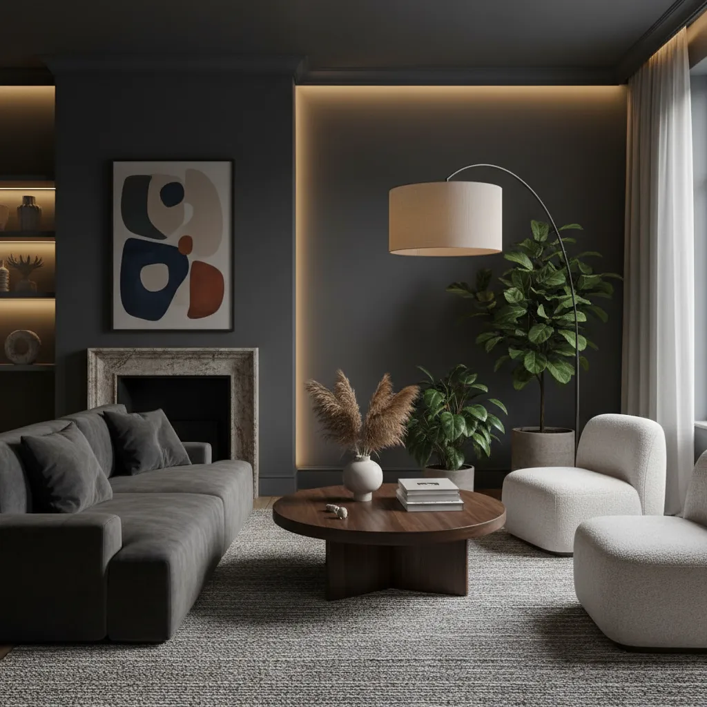 Habitación con paredes oscuras y diseño interior elegante