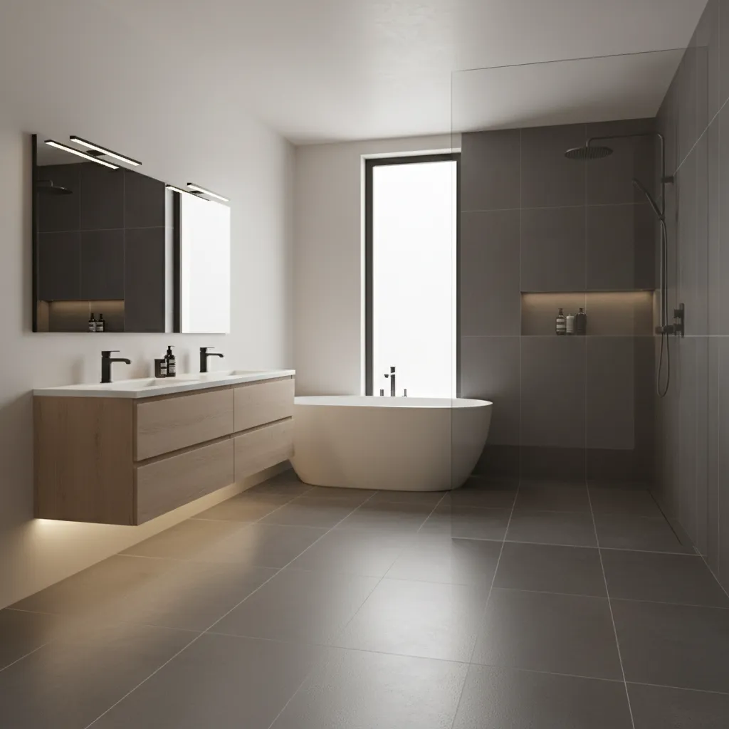 Matte dark porcelain tile bathroom floor with modern vanity