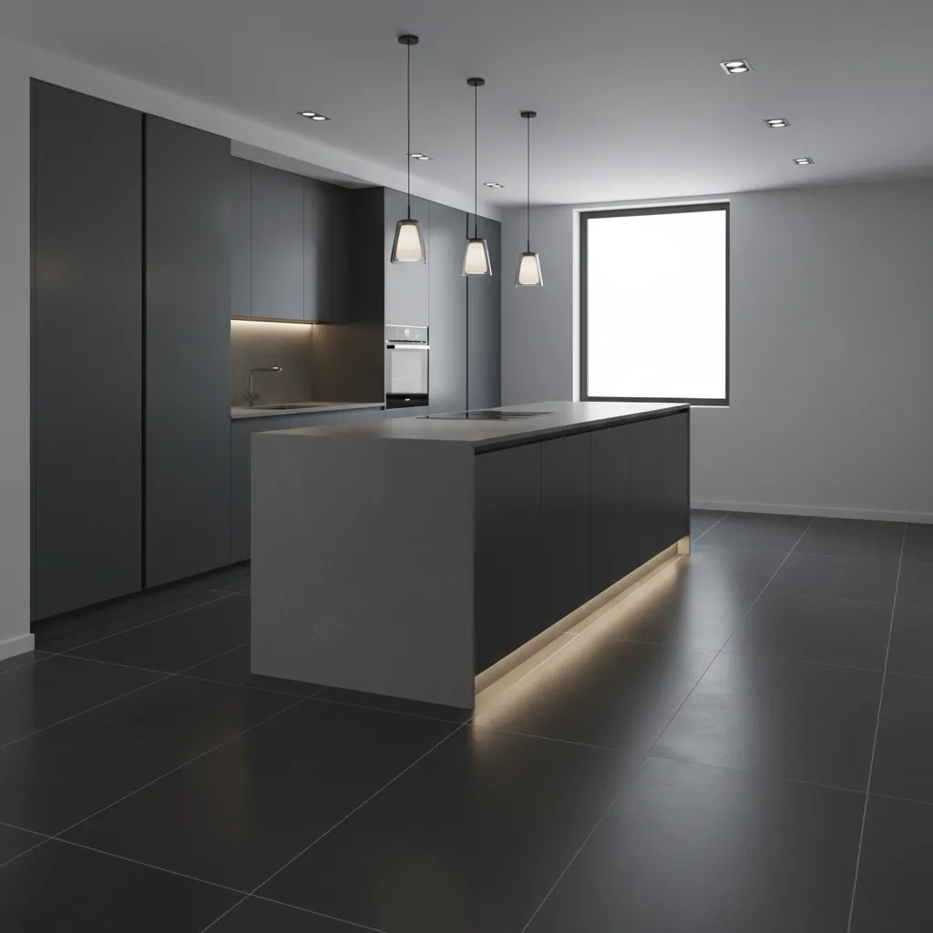 Contemporary kitchen with large format dark porcelain tile flooring