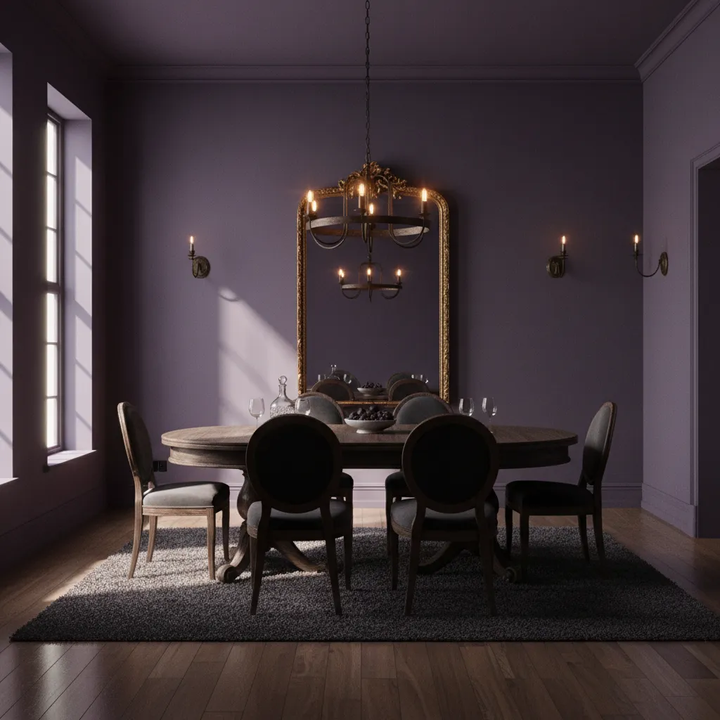 Dining room with deep purple walls appearing dark due to low lighting