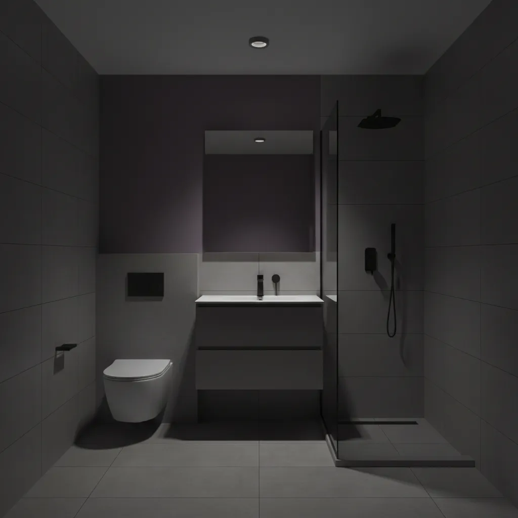 Bathroom with dark purple walls and gray tiles appearing dim due to poor lighting