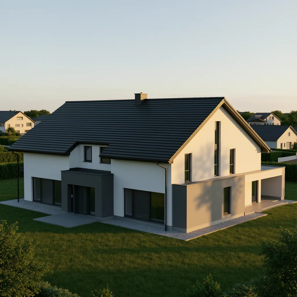Contemporary home with dark charcoal roof coating in natural sunlight
