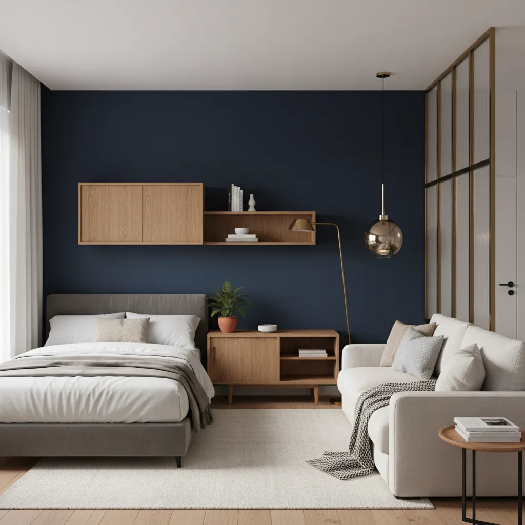 Interior palette featuring navy walls warm wood and brass accents in small space