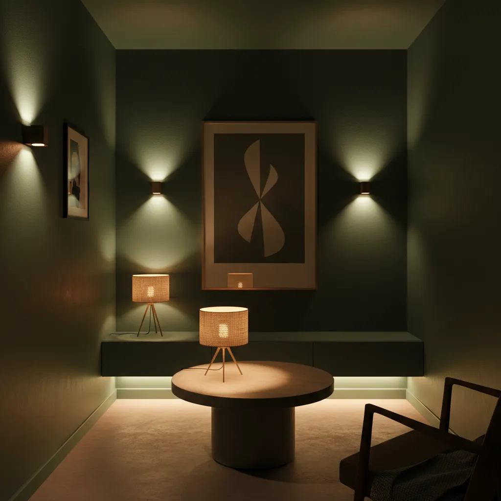 Small room with dark walls illuminated by layered lighting including sconces and lamps