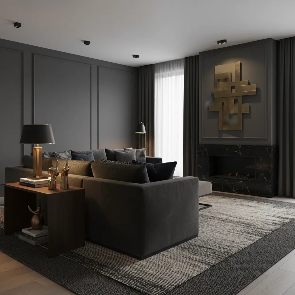 Dark interior with layered textures including velvet sofa wood and metal accents