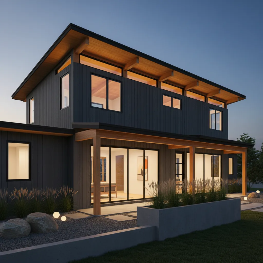 modern rustic home with charcoal siding and cedar wood accents highlighting balanced exterior palette