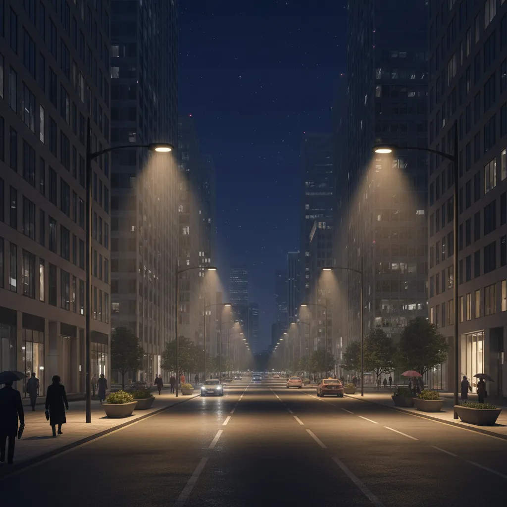 urban street with shielded streetlights reducing upward light pollution