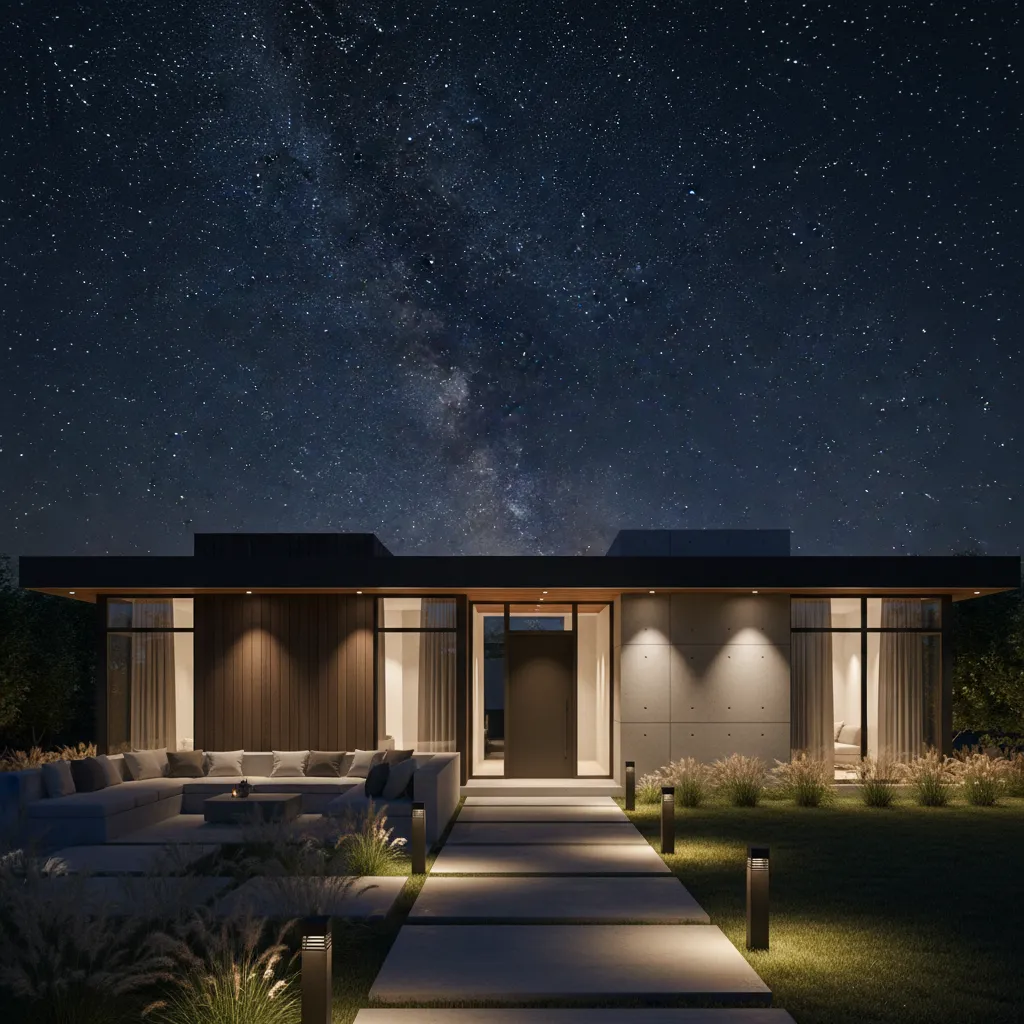 Dark sky friendly residential outdoor lighting layout with shielded fixtures