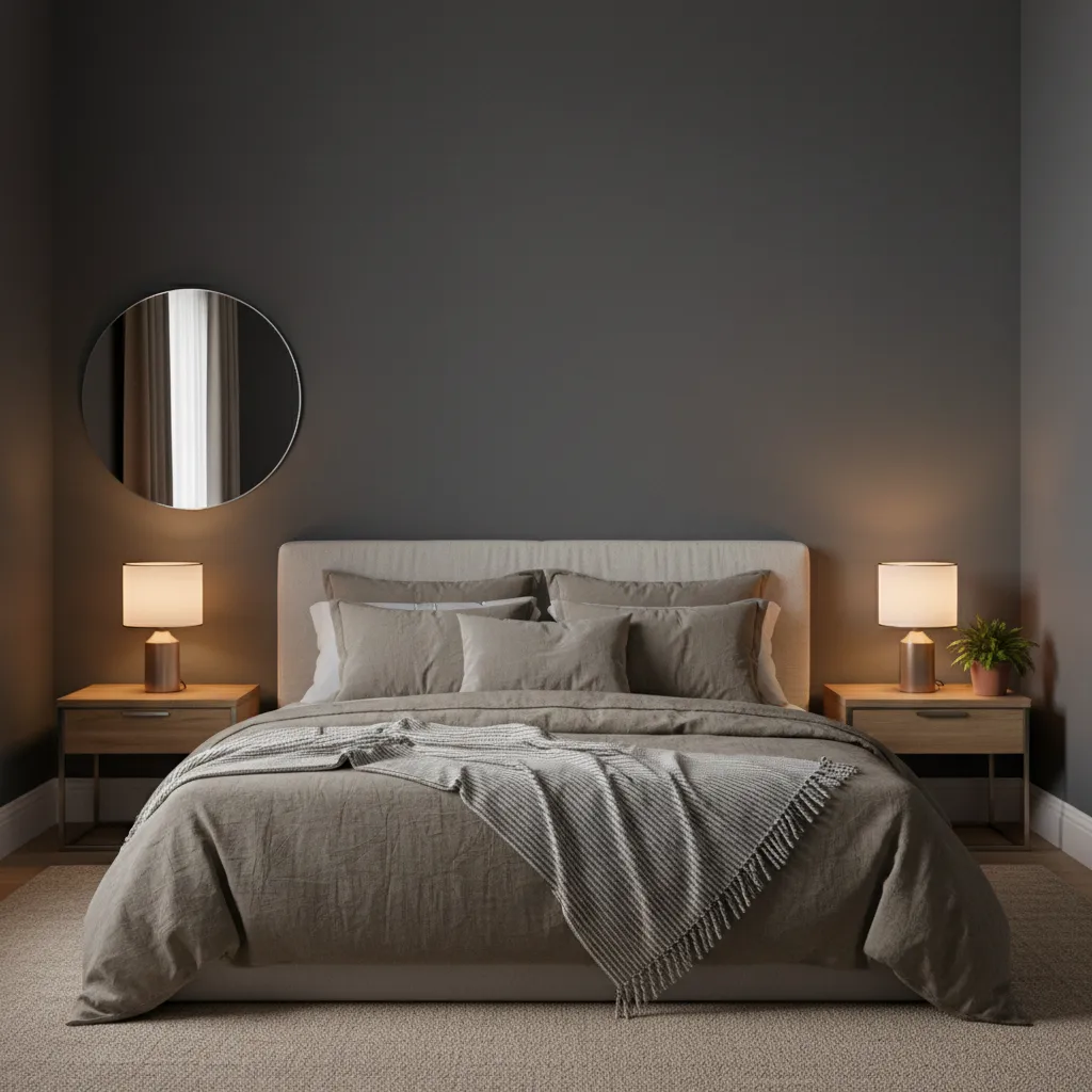 Small bedroom with charcoal walls warm lighting and minimal decor