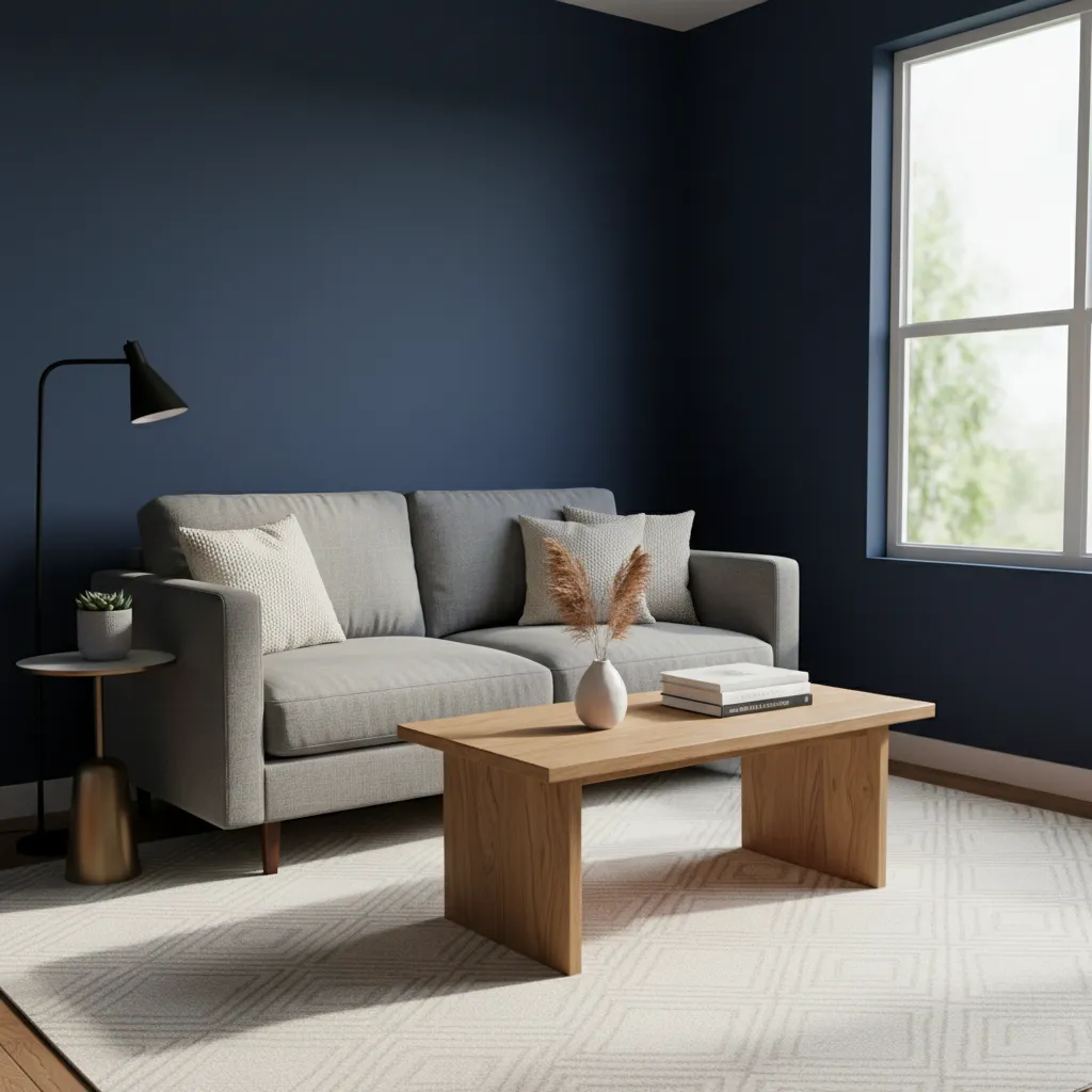 Compact living room with dark blue walls creating depth and cozy atmosphere