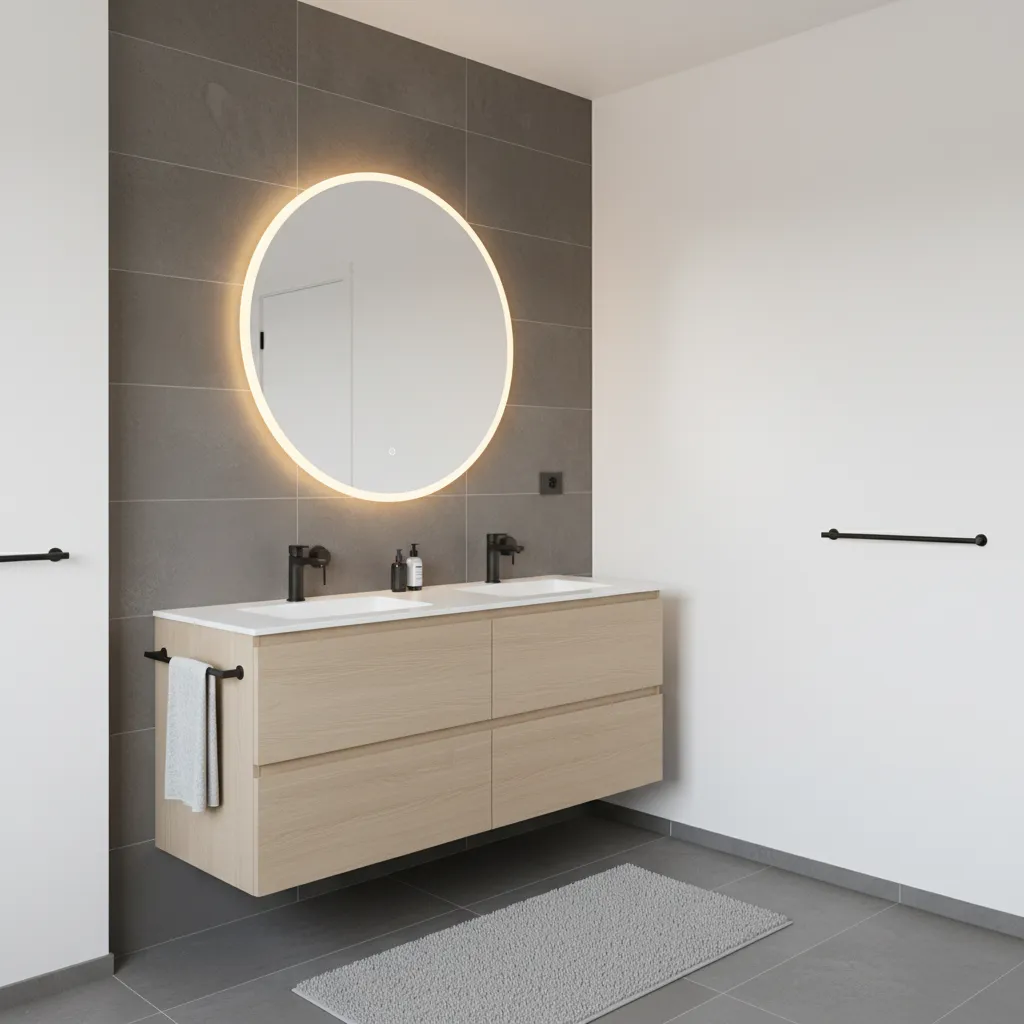 Bathroom with dark tile feature wall and light surrounding walls