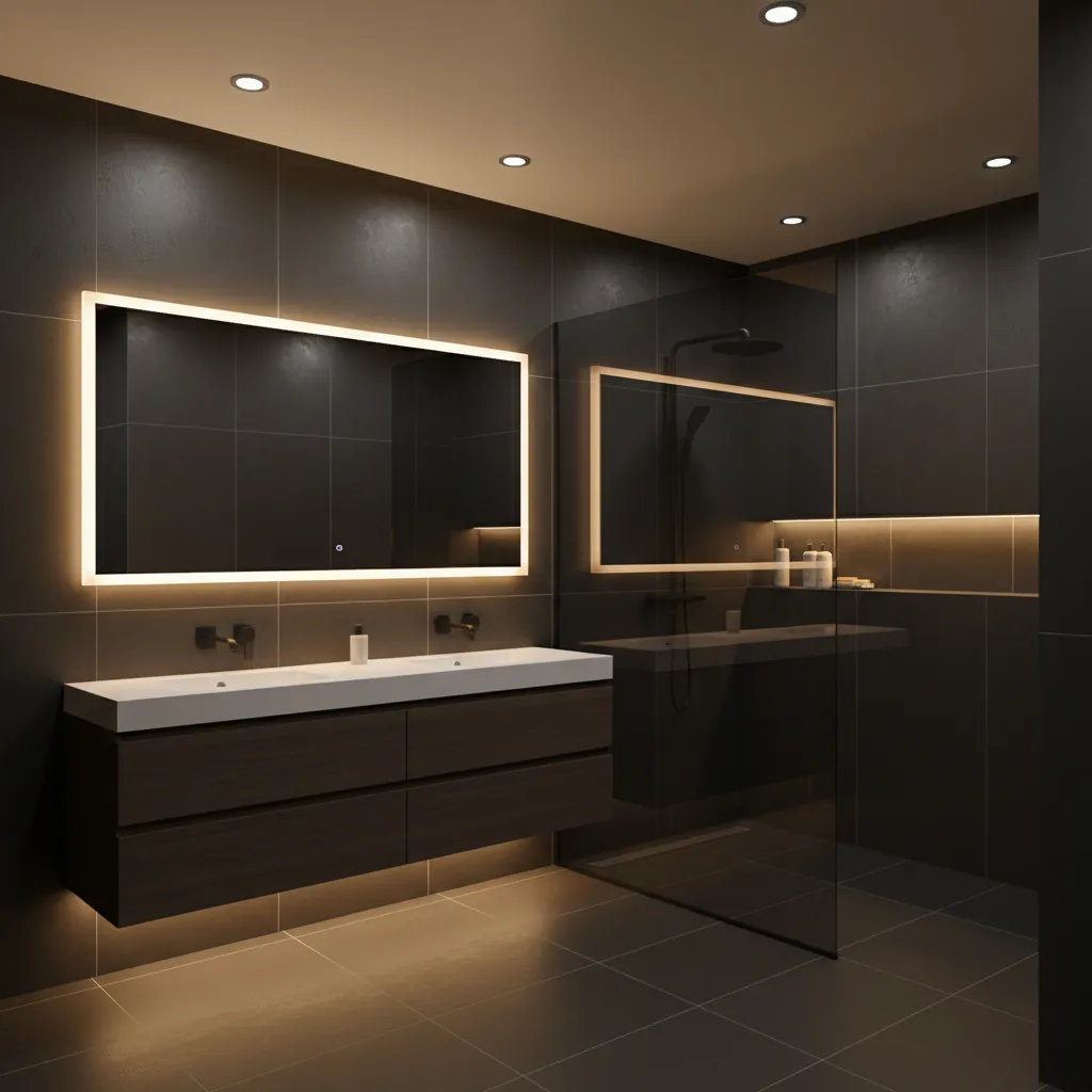 Bathroom with dark tiles enhanced by layered warm lighting
