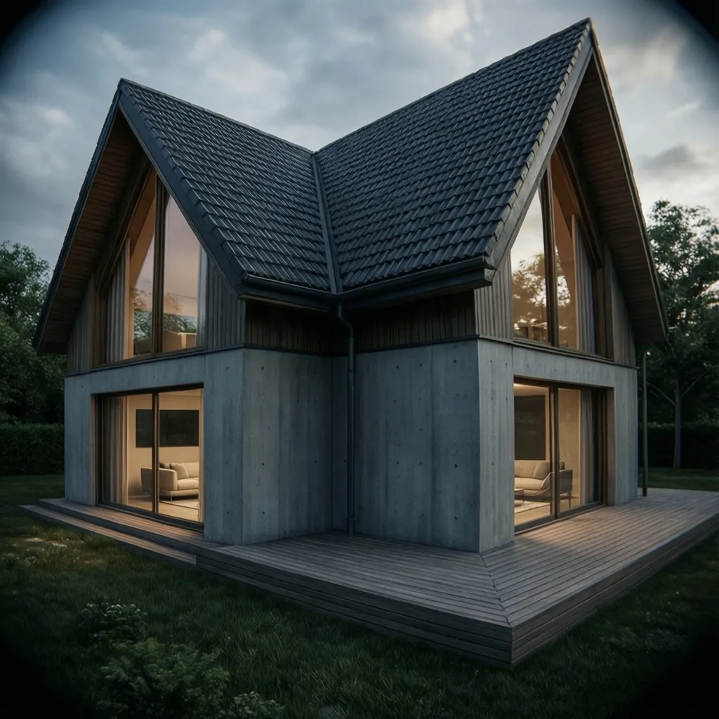 Casa contemporánea con tejas oscuras y diseño minimalista