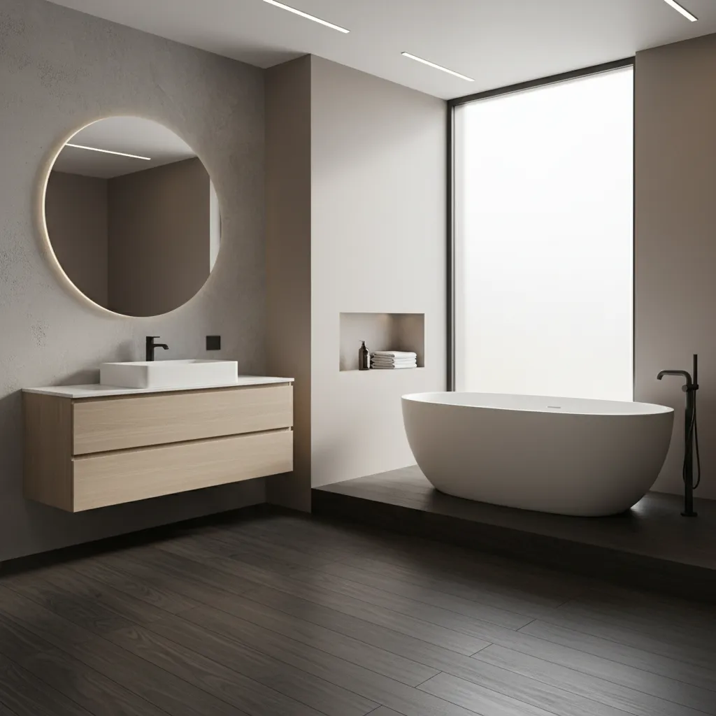 Bathroom with dark luxury vinyl plank flooring and modern fixtures