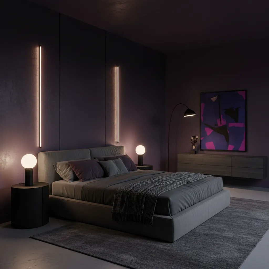 Habitación con paredes violeta oscuro y decoración moderna