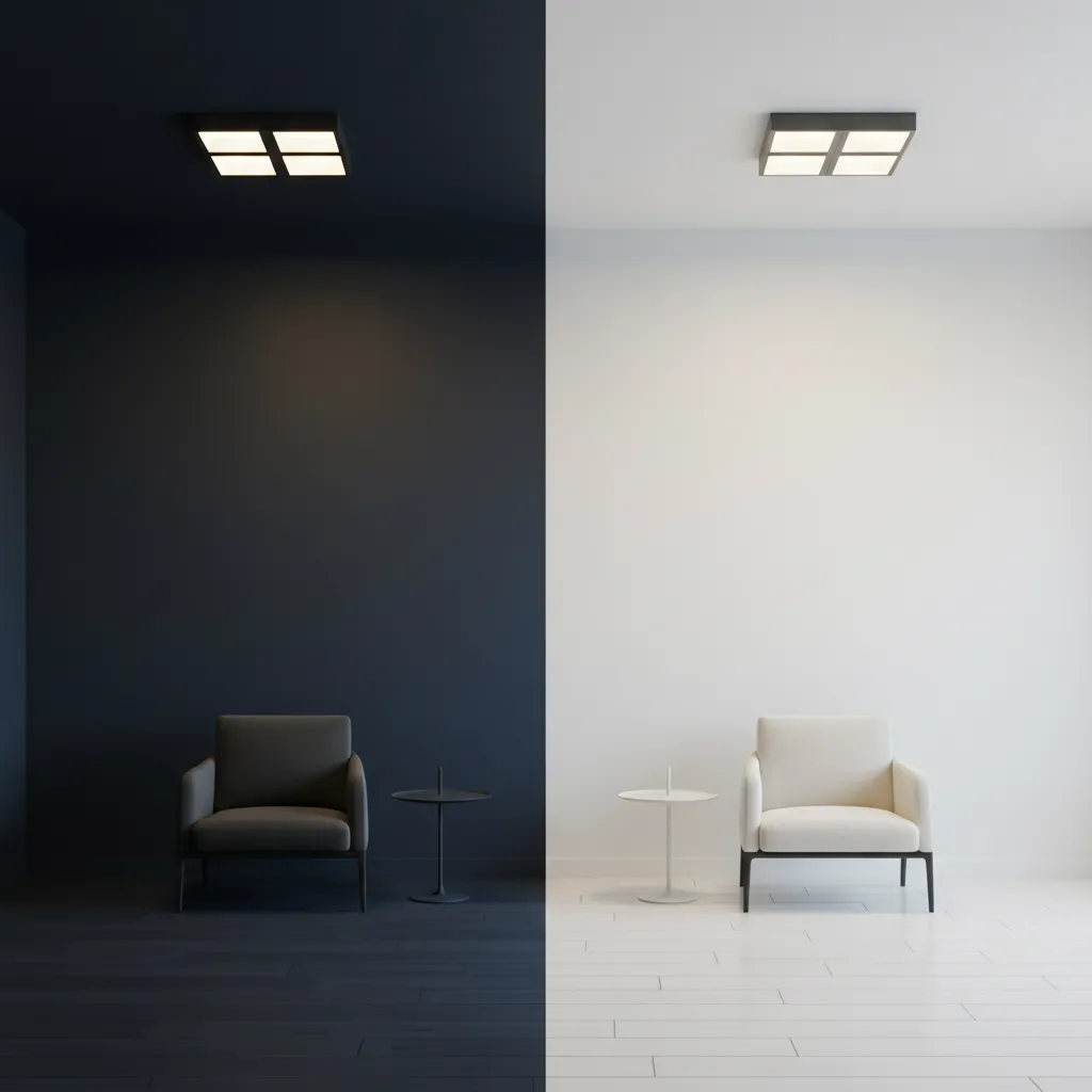 Comparison of lighting in dark painted room versus white room