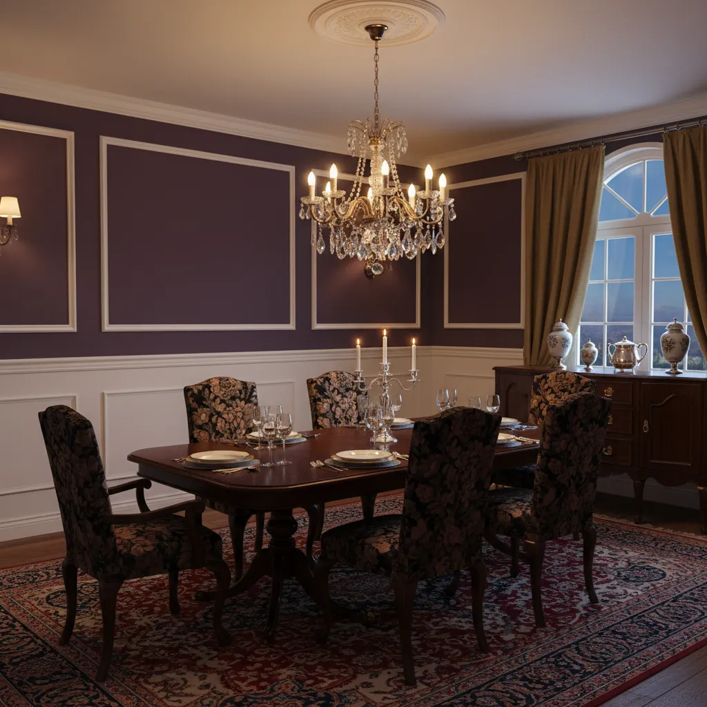 Dining room with dark purple walls illuminated by chandelier lighting