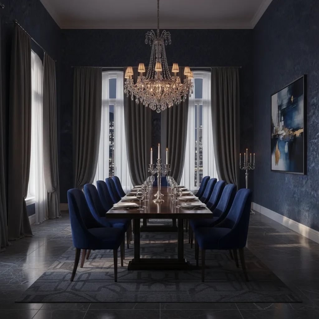 Large dining room with long wooden table, blue chairs, dark wallpaper, and ornate ceiling light
