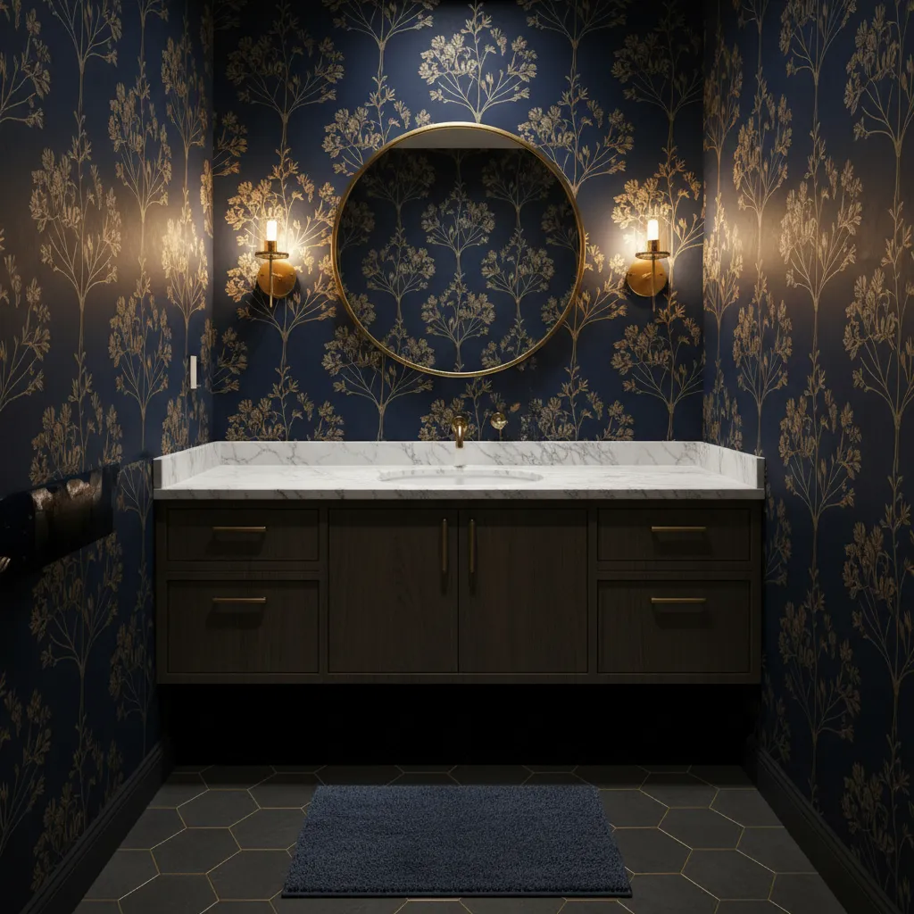 Dark navy wallpaper in a small powder room with brass mirror