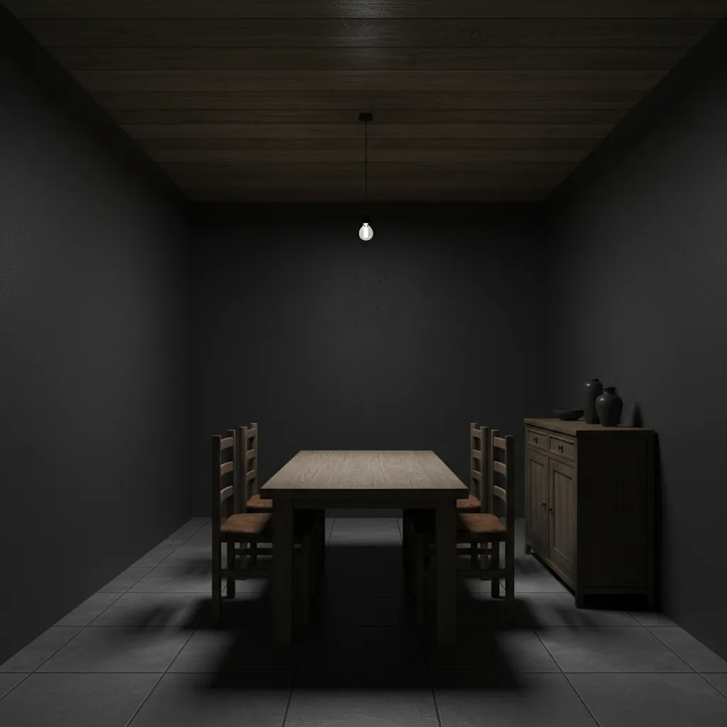 small dining room without windows appearing dark with single ceiling light
