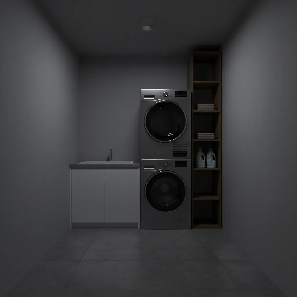 Small windowless laundry room with a single ceiling light and shadowed walls