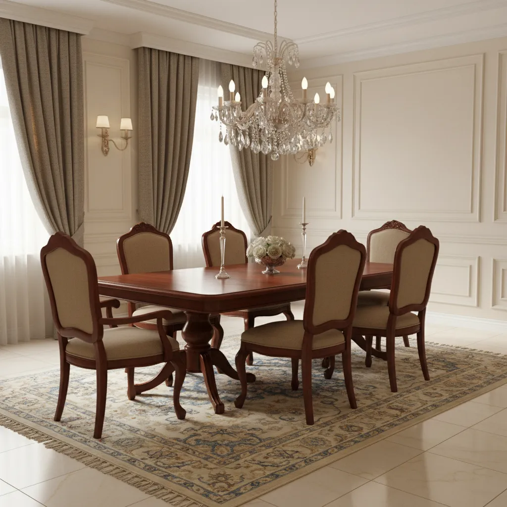 Mahogany dining table under chandelier lighting in traditional dining room