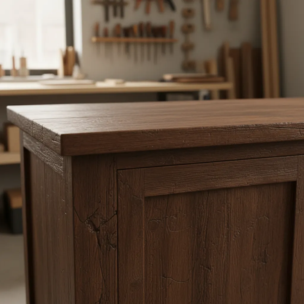 Dark aged wooden cabinet surface before professional restoration