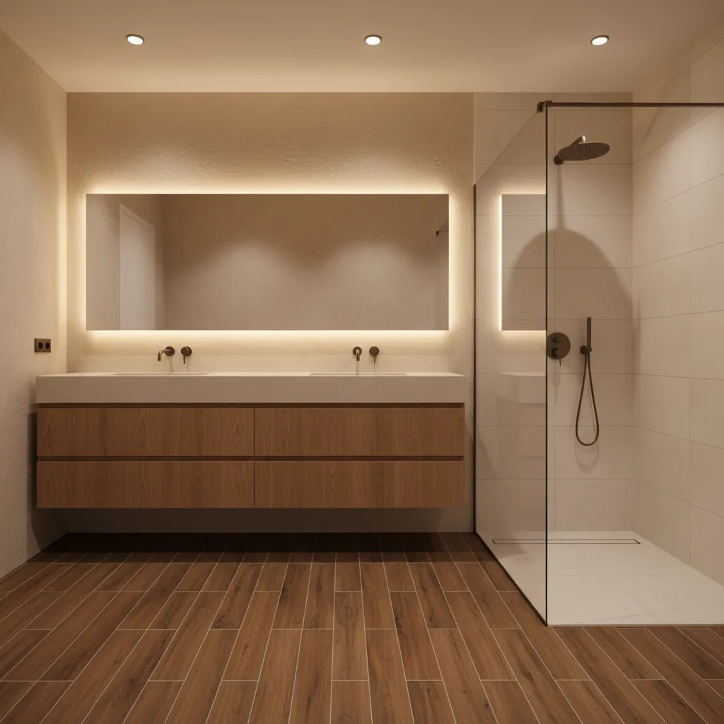 Bathroom with dark wood look porcelain plank flooring