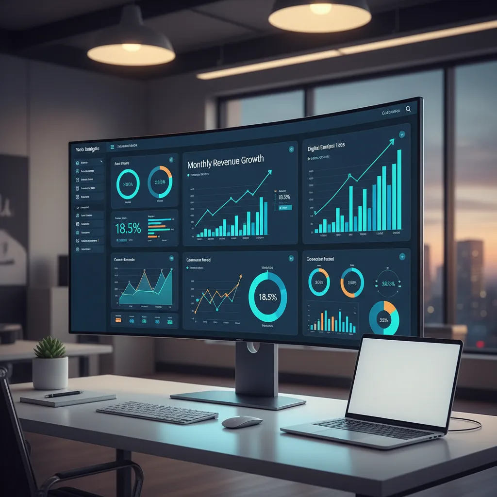 Curved computer monitor showing business charts and graphs on desk next to open white laptop
