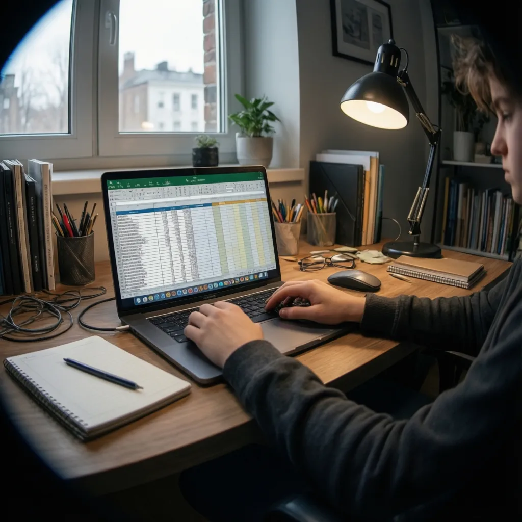 Student performing data entry work on laptop spreadsheet at home desk