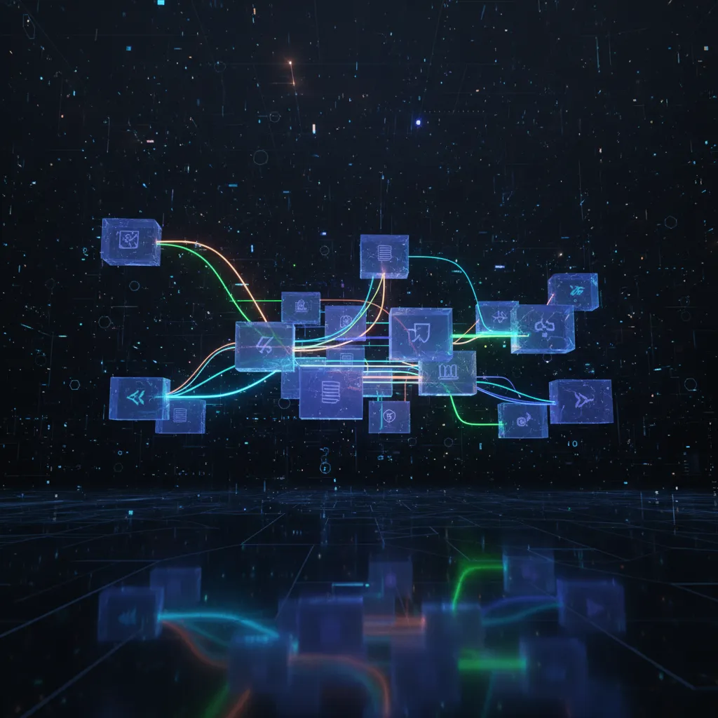 Glowing blue floating cubes connected by colorful light lines in a dark digital space background