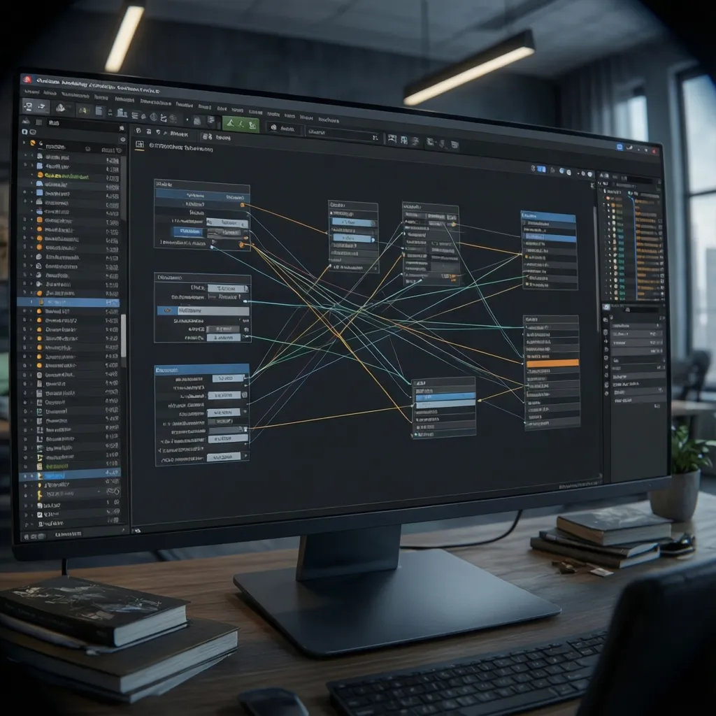 Computer monitor on office desk showing a complex diagram with many boxes and connecting lines