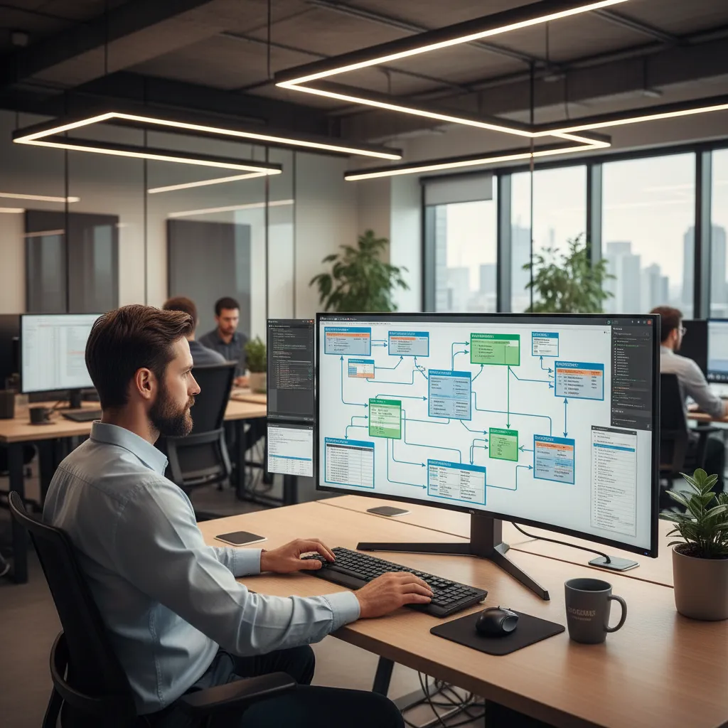 Professional man working at desk with large computer monitor showing complex flowchart in modern office