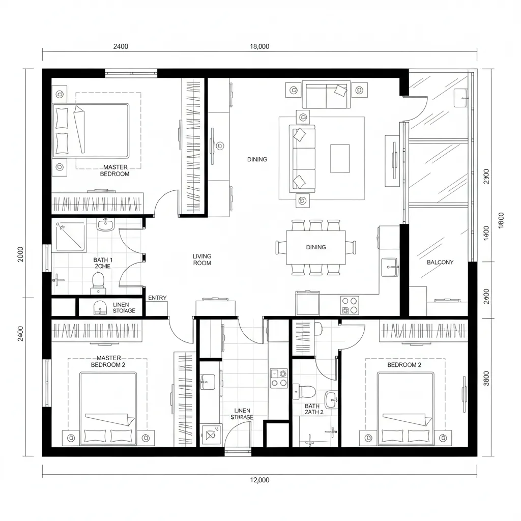 2D CAD top-down plan showing east-lit living–dining spine with bedrooms at ends