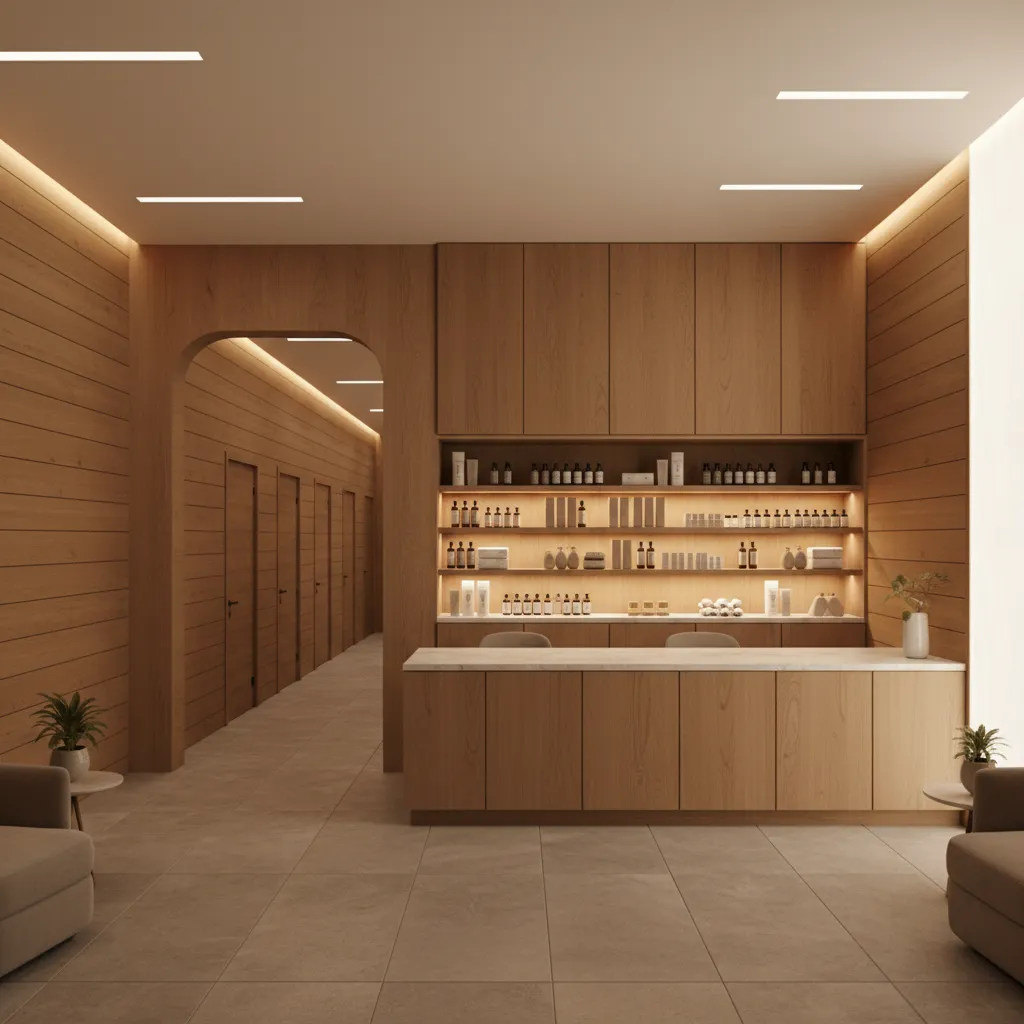 Modern day spa reception and treatment room corridor layout