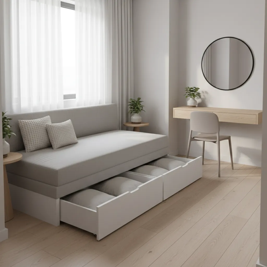 small bedroom with daybed and compact desk layout