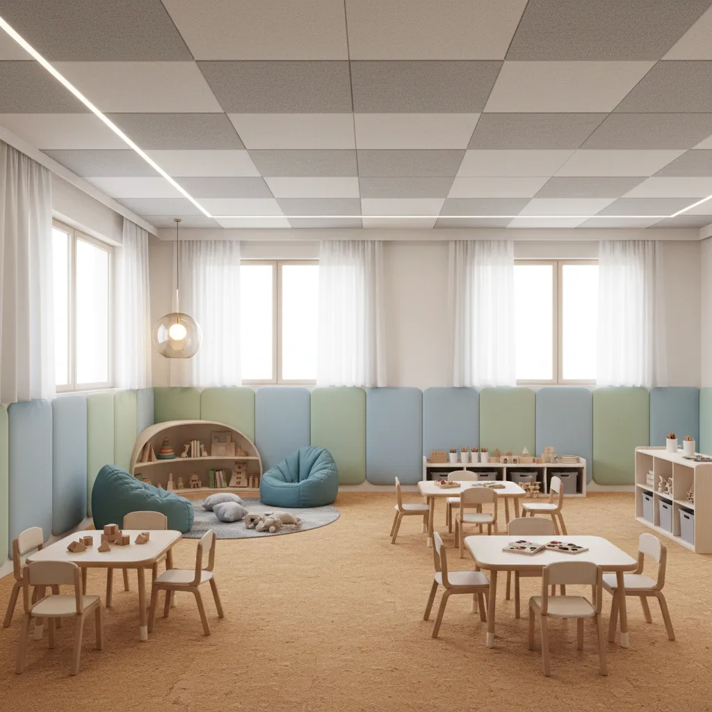 daycare classroom with acoustic ceiling panels and soft surfaces