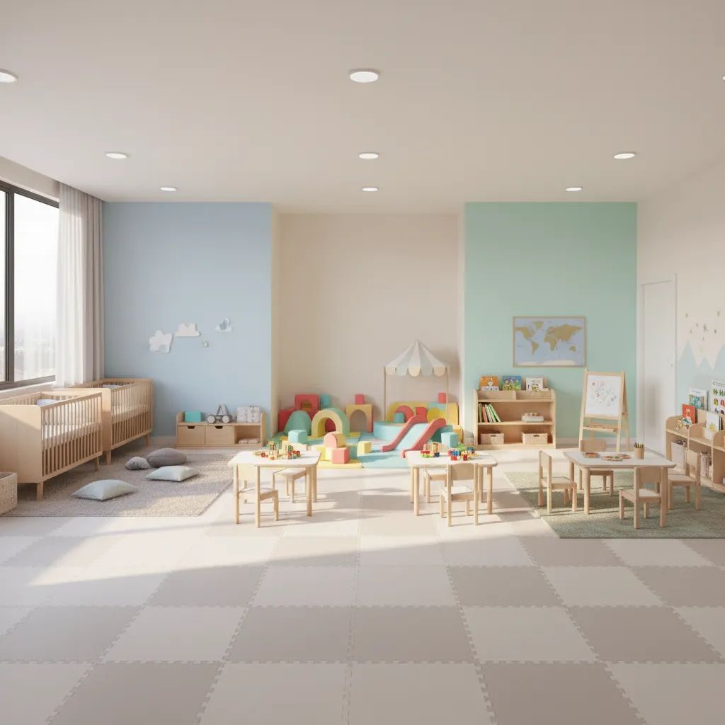 childcare center interior showing separate zones for infants toddlers and preschool